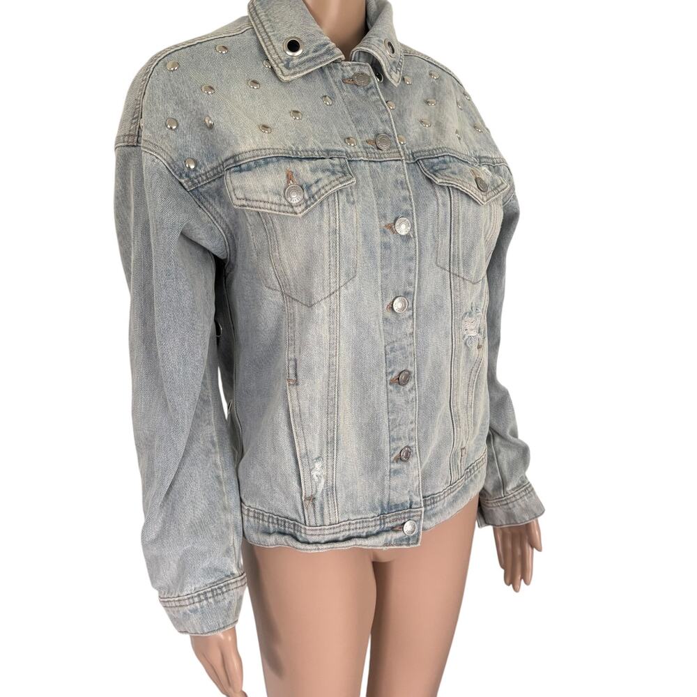 Upcycled Denim Jacket M Angel Cherub Grommet Stud Celestial Punk Boho Retro Blue - Picture 7 of 13